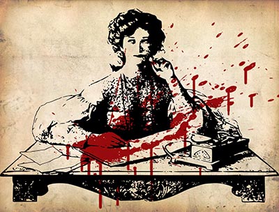 victorian illustration of woman writing, stained with a splatter of blood