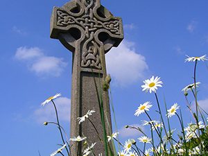 Celtic cross in a field of daisies