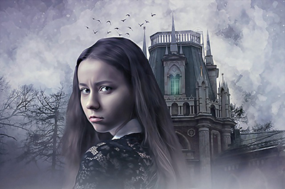 dark gothic house and solemn girl