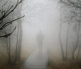 man walking in fog
