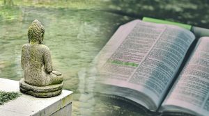 side-by-side images of Buddha statue and Bible